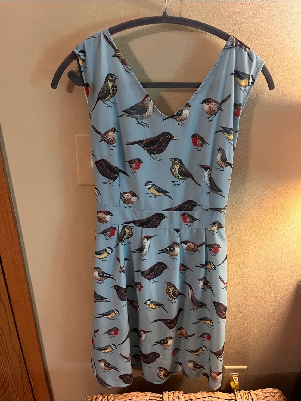 Light Blue Bird Print V-Neck Women's Dress
